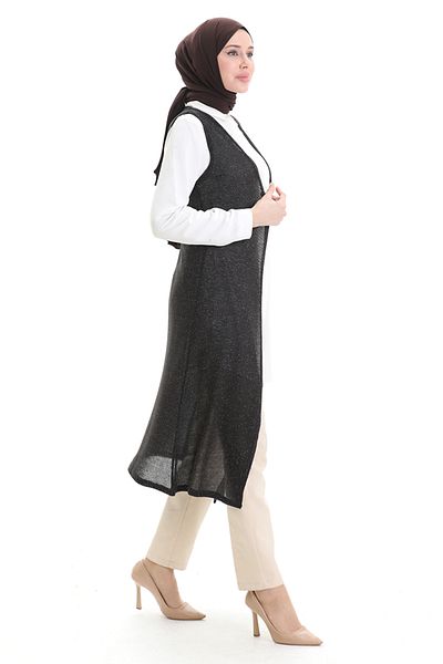 sefamerve Glitter Loose Relaxed Cut Long Vest 8743-01 Black
