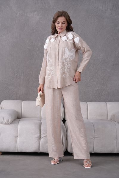 Miss Allos Women's Front Embroidered Rose Flower and Stone Decorated Ribbon Detailed Linen Shirt and Pants Bottom Top Set