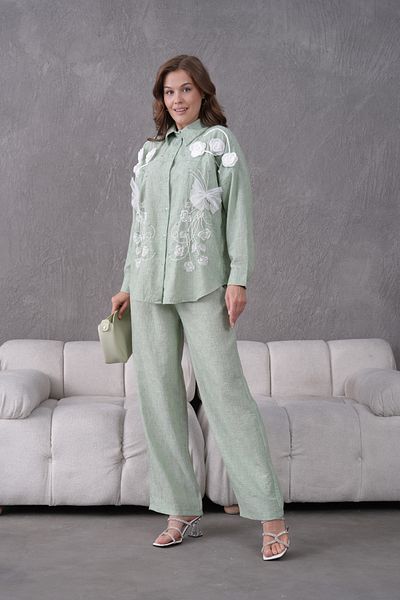 Miss Allos Women's Front Embroidered Rose Flower and Stone Decorated Ribbon Detailed Linen Shirt and Pants Bottom Top Set