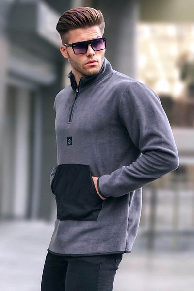 Madmext Men's Smoked Bato Collar Kangaroo Pocket Cold Proof Fleece Sweatshirt 6018