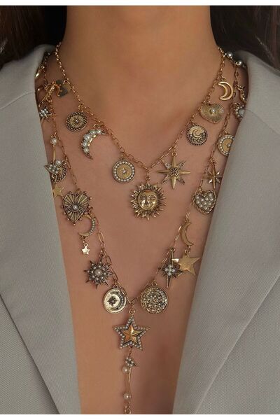 h&b design jewel Çelik Vintage Güneş Detay Charmlı Kolyeler