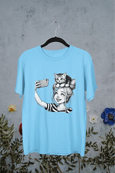 Butik تي شيرت بناتي/نسائي/أمي كات بوسي- نقل مطبوع برقبة دائرية وأكمام قصيرة