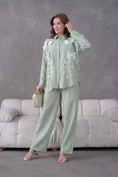Miss Allos Women's Front Embroidered Rose Flower and Stone Decorated Ribbon Detailed Linen Shirt and Pants Bottom Top Set