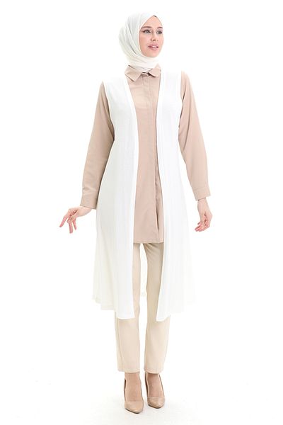 sefamerve Viscose Combed Long Casual Vest 8744-02 Ecru