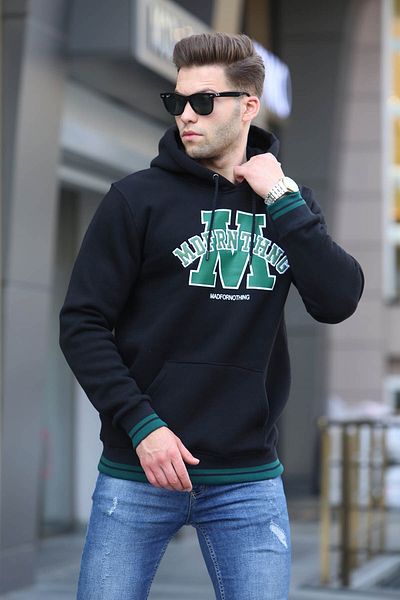 Madmext Black Embroidered Hooded Sweatshirt 6012