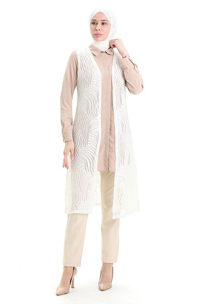sefamerve Lace Long Vest 8742A-01 White
