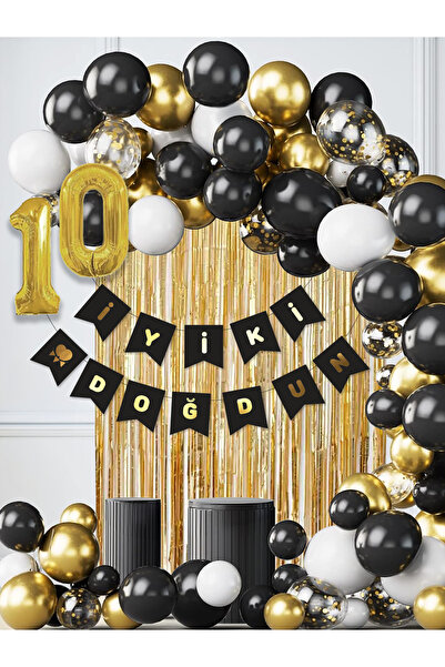 Parti Atölyesi 10 Yaş Balonlu Siyah Konsept Doğum Günü Balon Zinciri Toplam 3...