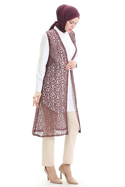 sefamerve Lace Long Vest 8742-02 Dusty Rose