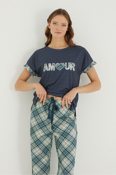 İPEKTENİM Дамски пижамен комплект с кариран мотив и принт Amour
