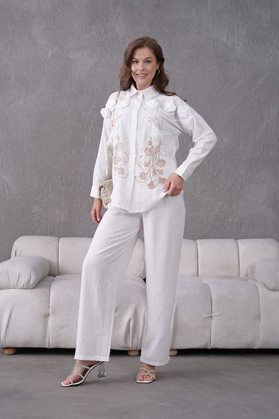 Miss Allos Women's Front Embroidered Rose Flower and Stone Decorated Ribbon Detailed Linen Shirt and Pants Bottom Top Set