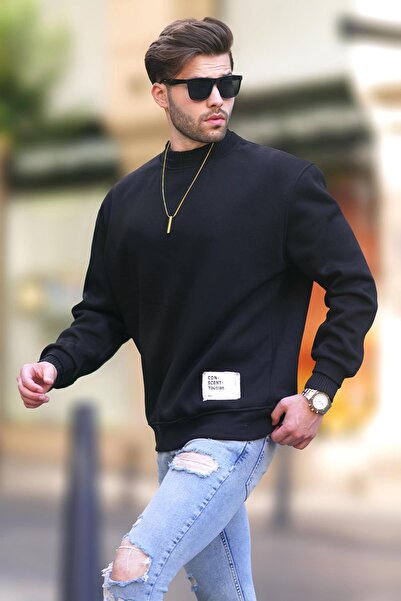 Madmext Siyah Bisiklet Yaka Oversize Şardonlu Arma Detaylı Erkek Sweatshirt 7043