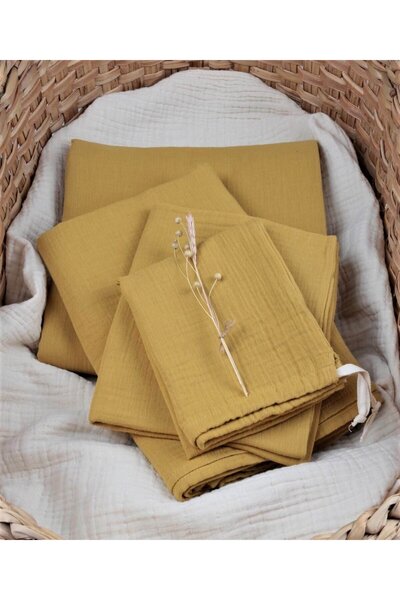 Cigit Pursed Muslin Duvet Cover Set 100X135 cm / - 3cm Bed Sheet 120X150 Pillow 35X45 cm Mustard Yellow