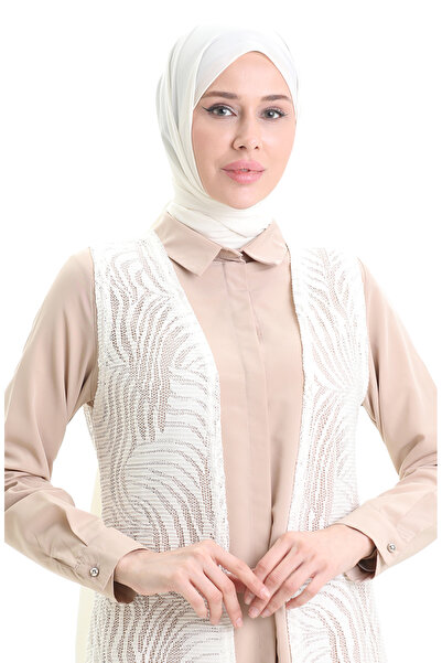 sefamerve Δαντελένιο Μακρύ Γιλέκο 8742A-01 Λευκό