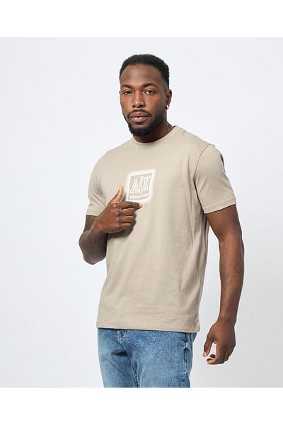 Armani Exchange Ανδρικό μπλουζάκι με κανονική εφαρμογή, βαμβακερό στρογγυλό λαιμό, ανάγλυφο λογότυπο στο στήθος, κοντομάνικο μπεζ μπλουζάκι XM0