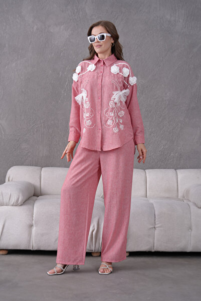 Miss Allos Women's Front Embroidered Rose Flower and Stone Decorated Ribbon Detailed Linen Shirt and Pants Bottom Top Set