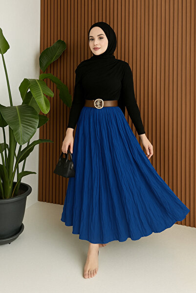 RESSHO Mavi Crush Kırışık Uzun Etek