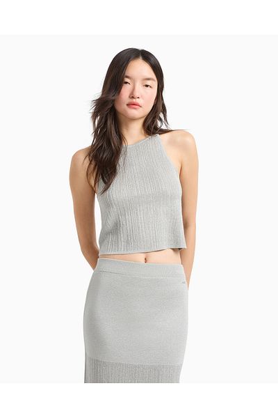 Armani Exchange Γυναικείο μεταλλικό πλεκτό μπλουζάκι με στρογγυλή λαιμόκοψη με λεπτό κορδόνι Crop γκρι μπλουζάκι XW000112 AF11957-M8047