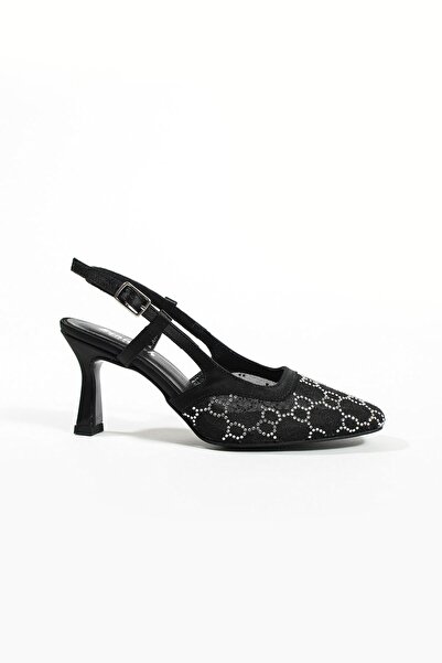 Seniorah Transparent Black Women's Heeled Shoes with Stone Detail