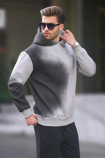 Madmext Men's Oversize Sweatshirt - Gray Printed, Hooded, Pale Fabric - 7051