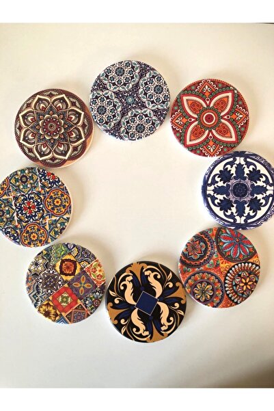 A A Company 4 Adet Çini Desenli Seramik Bardak Altlığı 10 Cm, Çini Desenli Yuvarlak Seramik Nihale