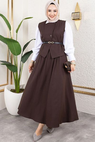 Tesettür Diyarı Women's Polyviscose Fabric Hedy Belted Vest Skirt Set