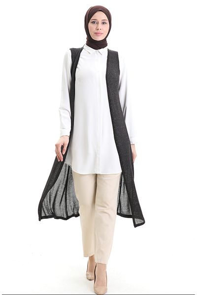 sefamerve Glitter Loose Relaxed Cut Long Vest 8743-01 Black