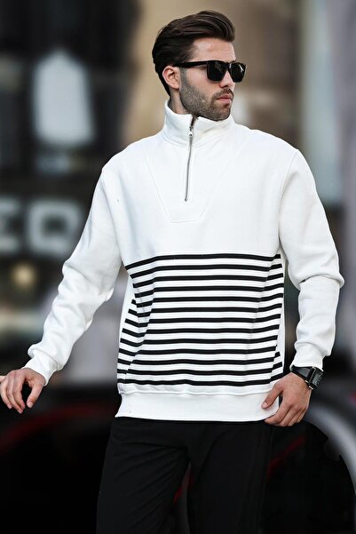 Madmext Φούτερ 7056 Model Ecru με ριγέ φερμουάρ