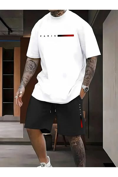 LAND MODA Paris Men's 2 Pieces with Regular Fit Light-Colored Stick Pattern for Summer Daily Use