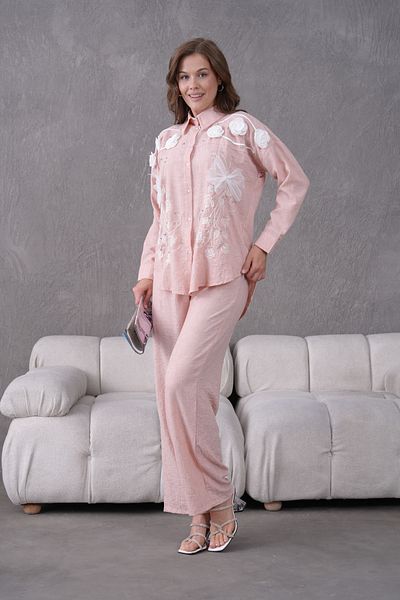 Miss Allos Women's Front Embroidered Rose Flower and Stone Decorated Ribbon Detailed Linen Shirt and Pants Bottom Top Set