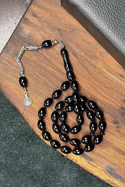 TESBİHKENTİ Черни ечемичени пресовани кехлибарени молитвени мъниста с метални...