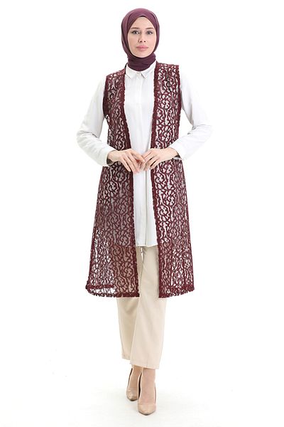 sefamerve Lace Long Vest 8742-04 Claret Red