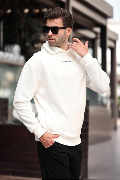 Madmext Besticktes Ecru-Sweatshirt für Herren – 7050 mit Kapuze und Taschendetail