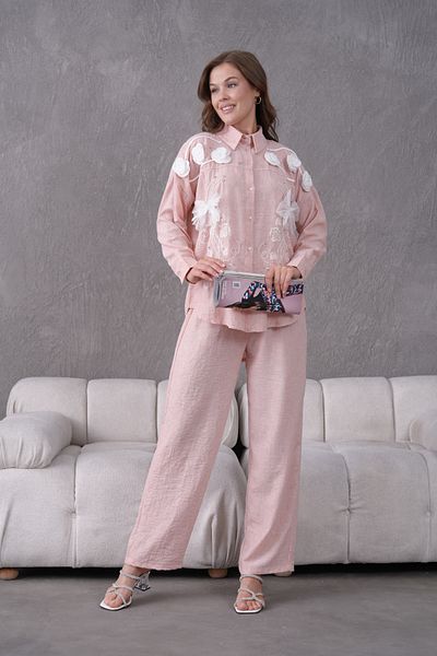 Miss Allos Women's Front Embroidered Rose Flower and Stone Decorated Ribbon Detailed Linen Shirt and Pants Bottom Top Set