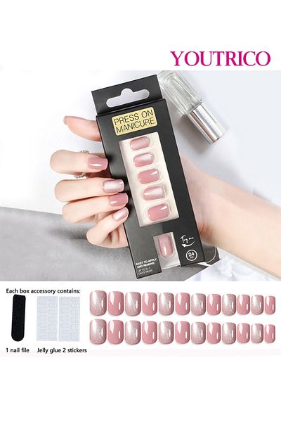 Youtrico 24 Press On Nails, Ladies Pink Cat Eye, High Glitter Pink,short Square Round Nails