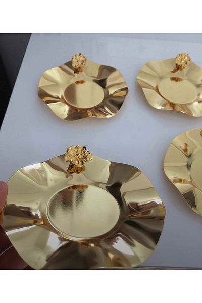 SEVA ÇELİK Gold Tea Plate Set of 6 with Japanese Roses Decorative and Stylish Coasters Gold