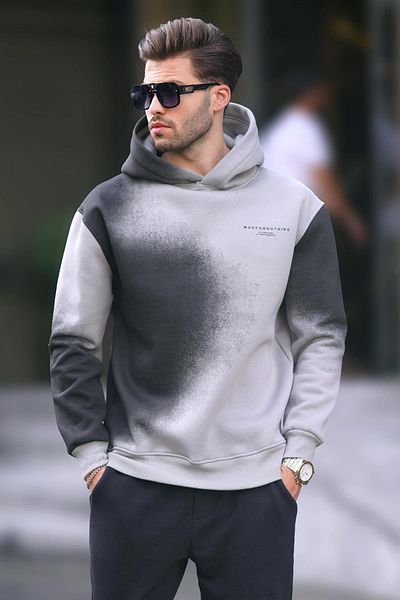 Madmext Men's Oversize Sweatshirt - Gray Printed, Hooded, Pale Fabric - 7051