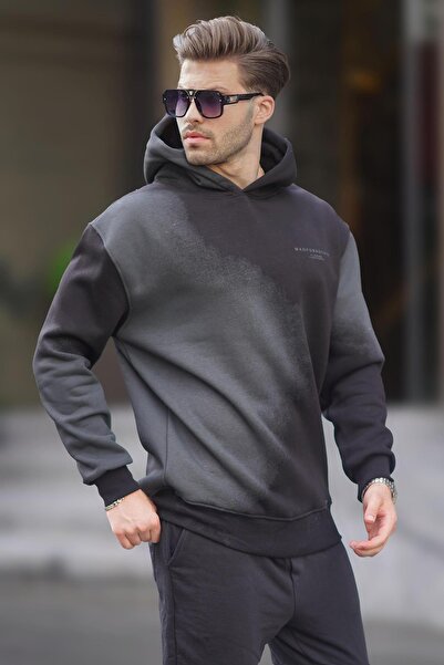 Madmext Ανδρικό φούτερ Oversize - Μαύρο εμπριμέ, με κουκούλα και απαλό ύφασμα 7051