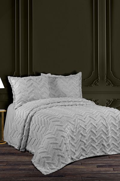 CANDAN ÇEYİZ Delux Bohemian Gray 3 Piece Double Pique Set Cover Bedspread Pique with Pompom