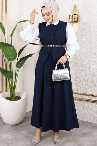 Tesettür Diyarı Women's Polyviscose Fabric Hedy Belted Vest Skirt Set