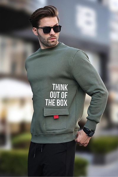 Madmext Ανδρικό φούτερ - Χακί Crew Neck, Raised Pocket Detail, Printed - 7061