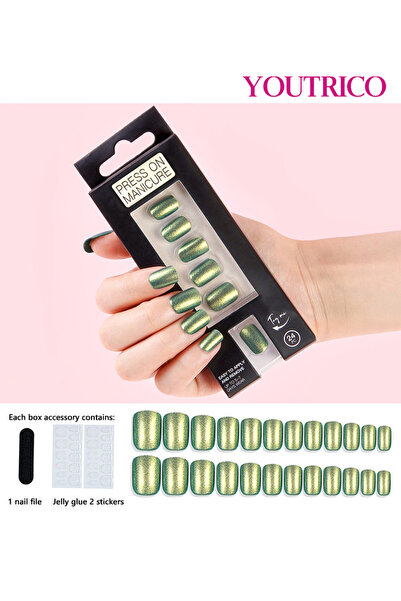 Youtrico 24 أظافر صناعية، مانيكير أورورا لامع أخضر، أظافر مربعة قصيرة