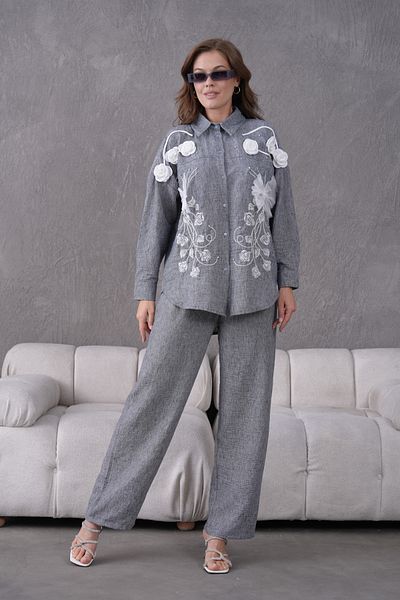 Miss Allos Women's Front Embroidered Rose Flower and Stone Decorated Ribbon Detailed Linen Shirt and Pants Bottom Top Set