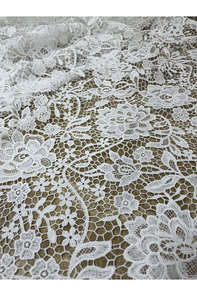 METERİAL 130 cm Width Lace Fabric with White Cord - Patterned Tulle Lace Meter Fabric