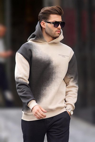 Madmext Men's Oversize Sweatshirt - Beige, Hooded and Pale Fabric, Model 7051