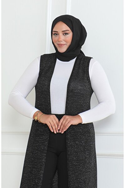 sefamerve Glittery flowy Transitional long vest 8737a-01 black