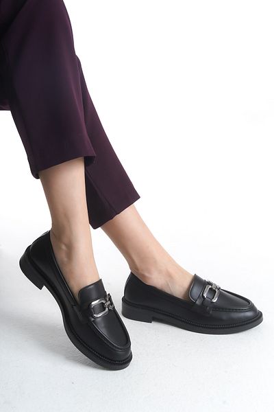 pelivia natural living Women's Black Loafer Large Buckle Casual Moccasin Patent Leather Daily Stylish and Comfortable Shoes