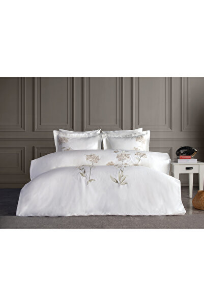 Dantela Lavinya Embroidered Cotton Satin Duvet Cover Set - Beige