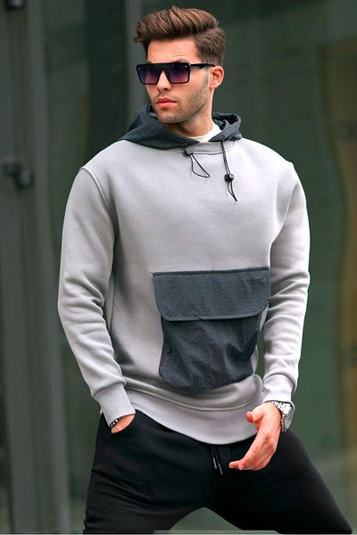 Madmext Мъжки суитшърт Painted Grey Kangaroo Pocket Hooded 6138