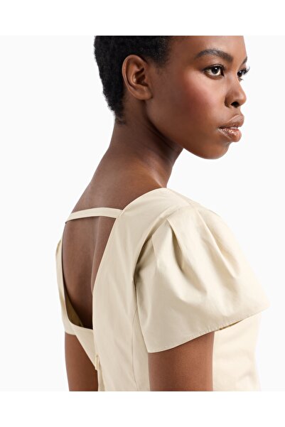 Armani Exchange Kadın Normal Kalıp Pamuklu Kısa Kollu V Yaka Kısa Bej Elbise XW000476 AF12812-U1092