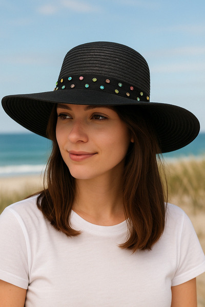 Mollycrush Καλοκαιρινό καπέλο παραλίας με πέτρες - Μαύρο ψάθινο με φαρδύ γείσο